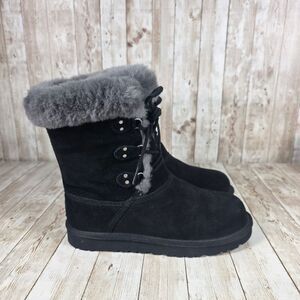 UGG Australia Suede Shearling Boots Lace Up Winter Boots Black‎ Size 6.5